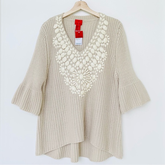 V Cristina Knit Sweater Embellished 3/4 Bell Sleeve V-Neck Beige Hi-low Hem - Picture 6 of 10